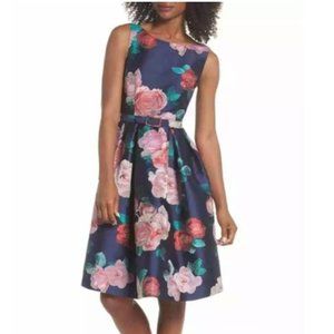 Eliza J Jacquard Navy Floral Print Sleeveless Flare Dress Size 14P